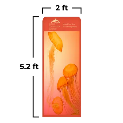 61 x 158 cm A vertical trade show banner displays orange jellyfish with text: 'Océan Conservation INSTITUTE - advancing ocean policy, pioneering science, and Ocean Guardianship.'