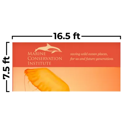 503 x 229 cm This is a horizontal trade show banner featuring the text 'MARINE CONSERVATION INSTITUTE' and the slogan 'saving wild ocean places, for us and future generations,' set against an orange background with a jellyfish image.