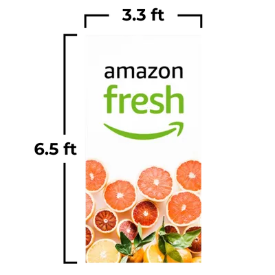 101 x 198 cm A vertical banner displays the 'Amazon Fresh' logo above a selection of vibrant citrus fruit slices, suggesting fresh produce availability.