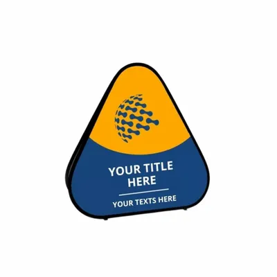 100 x 100 cm A triangular, pop-up banner stands with a blue and yellow design featuring placeholder text reading 'YOUR TITLE HERE' and 'YOUR TEXTS HERE' amidst a dotted swirl graphic.