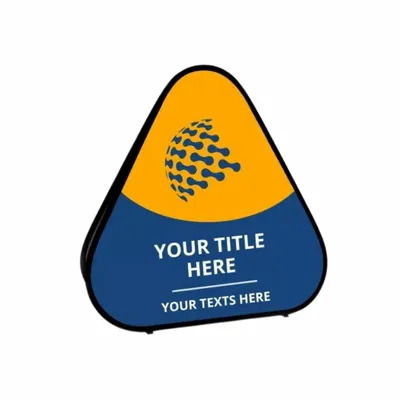 120 x 120 cm This is a triangular pop-up banner with customisable text areas, featuring a yellow and blue design with a circular pattern on top. Text displayed: 'YOUR TITLE HERE' and 'YOUR TEXTS HERE.'