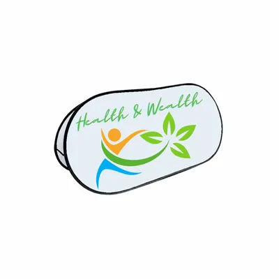 126 x 61 cm Custom printed car sunshade displaying 'Health & Wealth' with a graphic of a human figure and leaves, likely for promotional purposes.