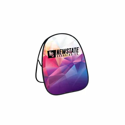 79 x 120 cm A teardrop-shaped trade show display banner with colorful geometric design and the text 'NEWSTATE BRANDING CO' on a plain background.