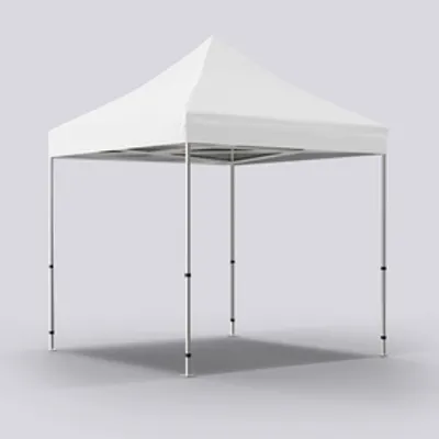None A white pop-up canopy tent with adjustable legs, standing idle, set against a neutral grey background.