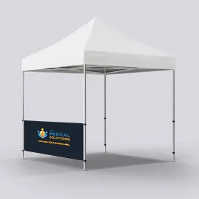 Half Left Wall Single Sided A promotional event tent with a custom printed banner that reads 'MEDICAL SOLUTIONS Partnering With Doctors.'