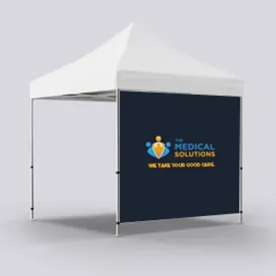 Full Front Wall Both Sided A white canopy tent with a custom printed back wall displaying 'MEDICAL SOLUTIONS - WE TAKE YOUR GOOD CARE' with a logo, likely intended for a medical trade show setup.