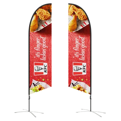 Both Sides Two vertical teardrop banners with KFC advertising, reading 'it's finger lickin' good,' displayed on metal stands against a white background.