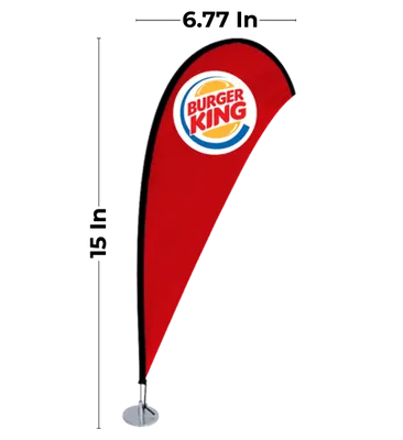 Teardrop (17 x 39 cm) A teardrop-shaped promotional banner featuring the 'Burger King' logo stands upright, affixed to a base on a plain background.