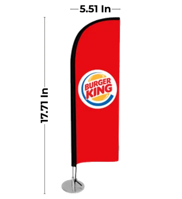 Blade (14 x 45 cm) A red vertical trade show banner with the Burger King logo prominently displayed, mounted on a metal base and stand.