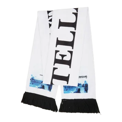 White custom rally towel with fringe, featuring a blue logo and phrase printed in black letters on it.