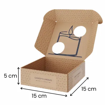 15 x 15 x 5 cm Custom cardboard box for candles with a candle icon on the lid and the text 'Cassidy's Candles - Handcrafted with Love'.