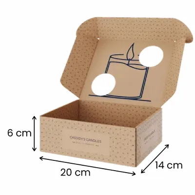 20 x 14 x 6 cm Custom cardboard box for 'Cassidy's Candles' with a printed candle icon open and empty, showcasing potential packaging design for products.