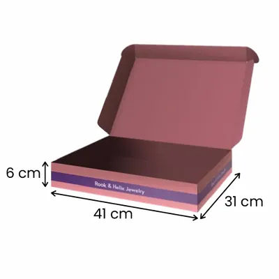 41 x 31 x 6 cm This is a custom-branded cardboard jewellery box with a patterned design and the company name 'Rook & Helix jewellery' printed inside the lid.rg