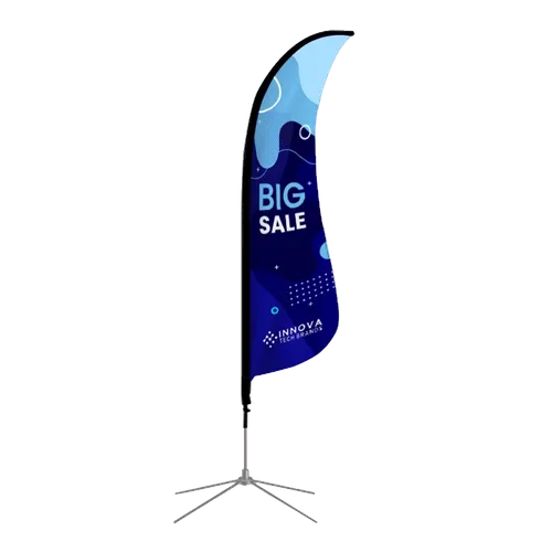 A teardrop promotional banner stands on a cross base, displaying 'BIG SALE' with a blue abstract background including a company logo 'innoxa.'