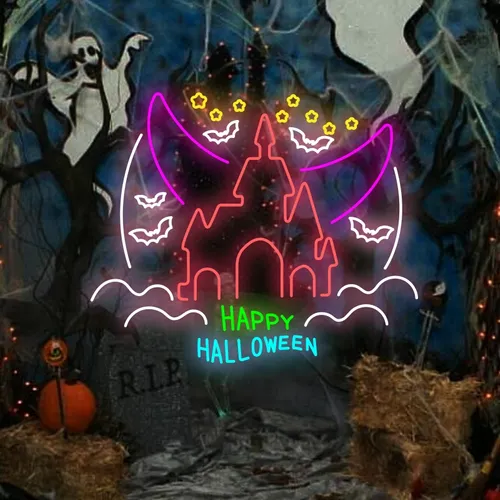 Happy Halloween Castle Neon Sign