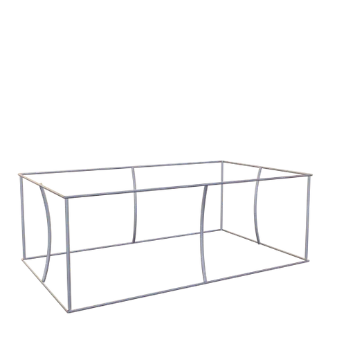 A metal trade show display frame, disassembled and arranged for setup, isolated against a dark background.