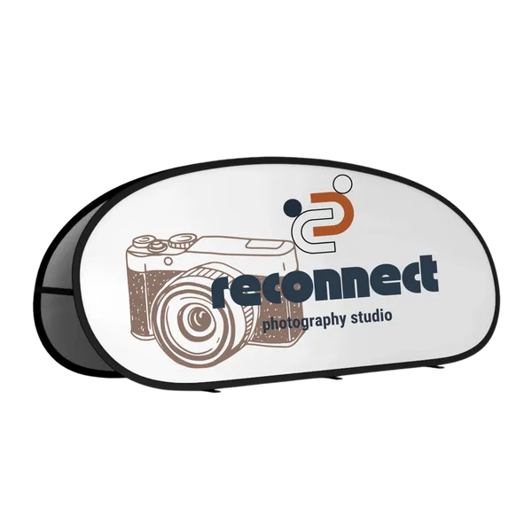 Oval pop-up banner displaying 'i2 reconnect photography studio' with a stylized camera graphic, designed for promotional use at events or exhibitions.