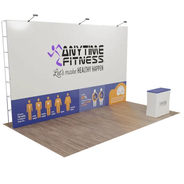 A trade show booth features 'Anytime Fitness' branding with the slogan 'Let's make HEALTHY HAPPEN' against a white background; it includes diagrams of people exercising and informational icons.